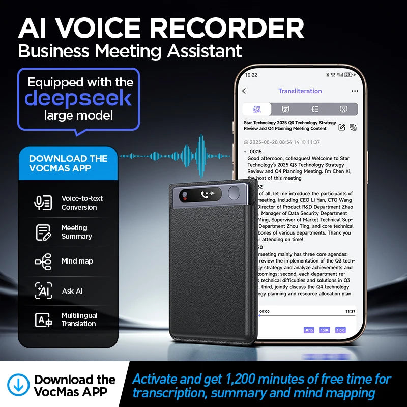Smart 64GB Voice Recorder AI Summarizer Multi-Language Support
