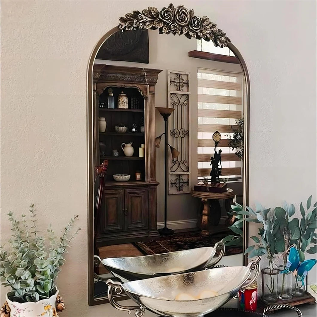 Large Baroque Arched Wall Mirror Vintage Brass Frame