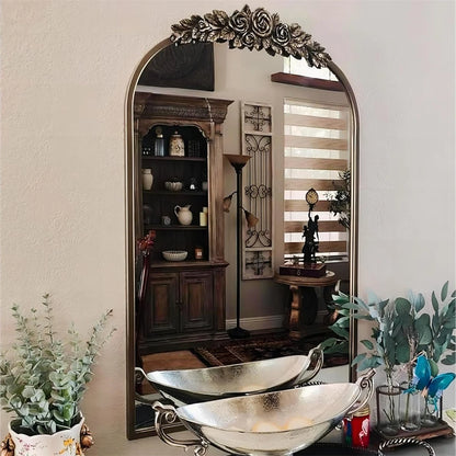 Large Baroque Arched Wall Mirror Vintage Brass Frame