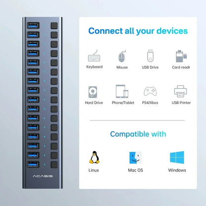 Aluminium 16 Port USB Hub High Speed Data Charging