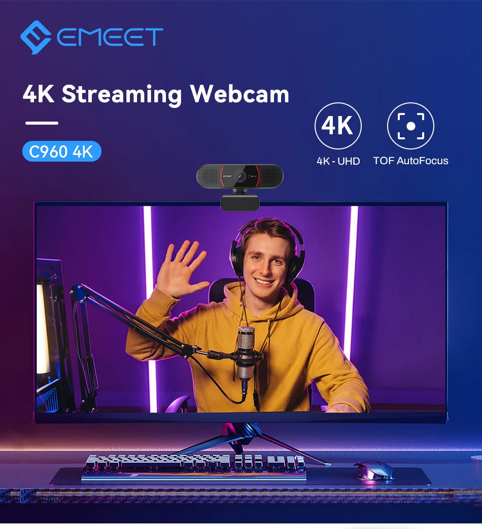 4K Autofocus Webcam with Dual Noise Cancelling Microphones