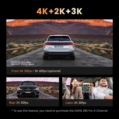 4K+2K Dual Dash Cam 3‑Channel 256GB SD