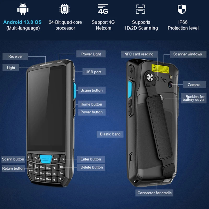 Portable NFC 2D Barcode Scanner Android 13 Handheld 4G Device