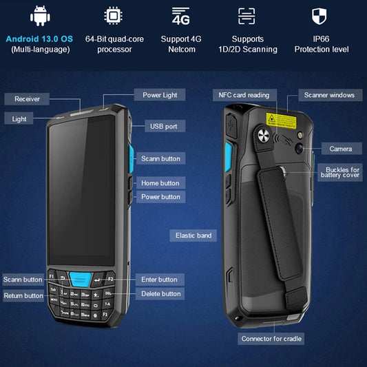 Portable NFC 2D Barcode Scanner Android 13 Handheld 4G Device