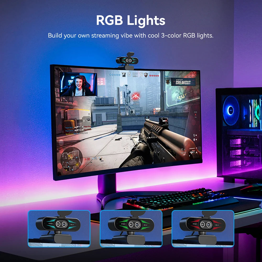 4K 60fps Streaming Webcam with RGB Ring Light