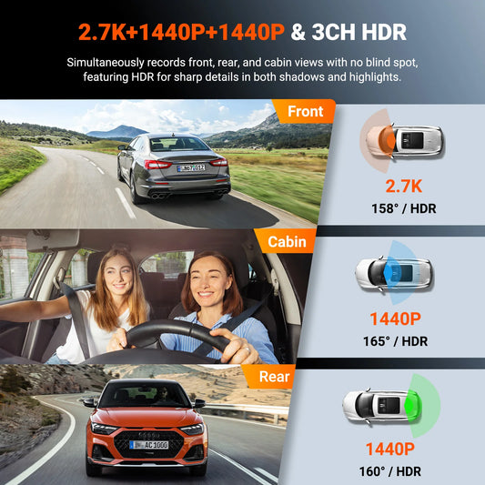 DashCam 3-Camera 2.7K IP67 Waterproof GPS