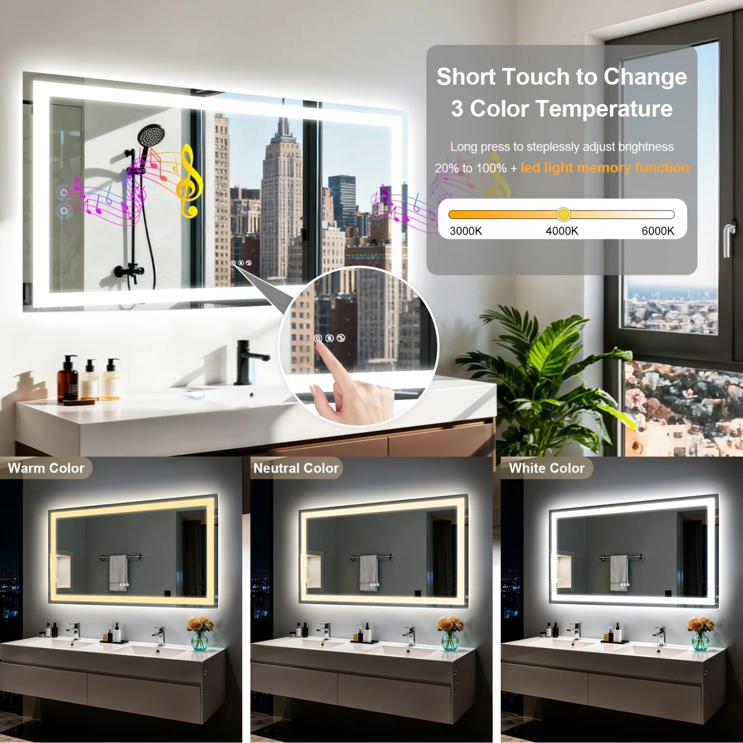 100x70cm Smart LED Bathroom Mirror Bluetooth Speaker Dimmable