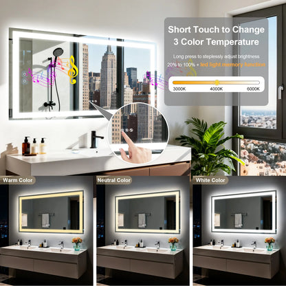 100x70cm Smart LED Bathroom Mirror Bluetooth Speaker Dimmable