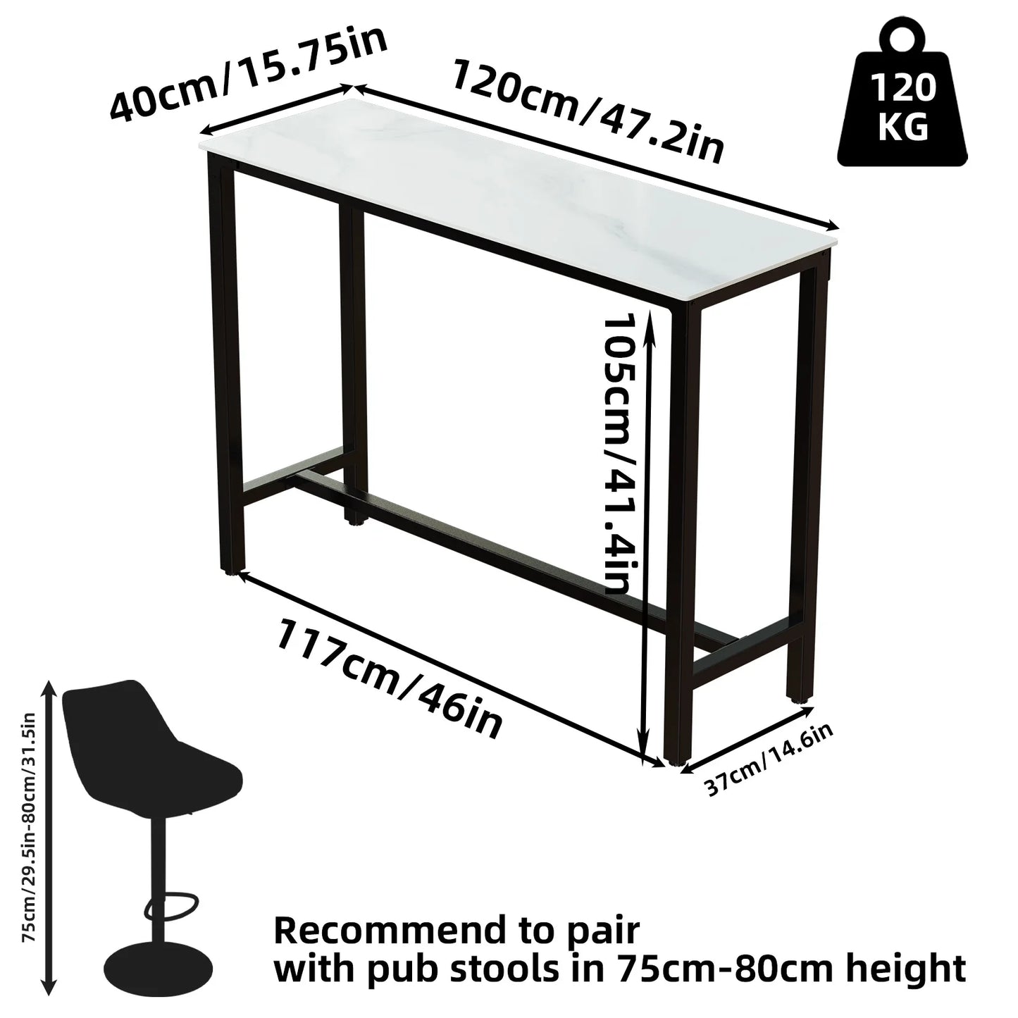 White Sintered Stone Bar Table with Black Metal Frame