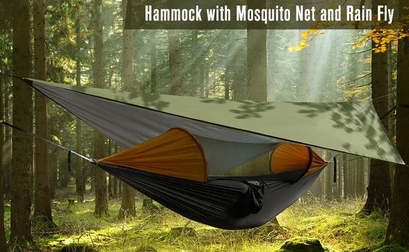 Black Camo Camping Hammock with Mosquito Net and Rain Fly