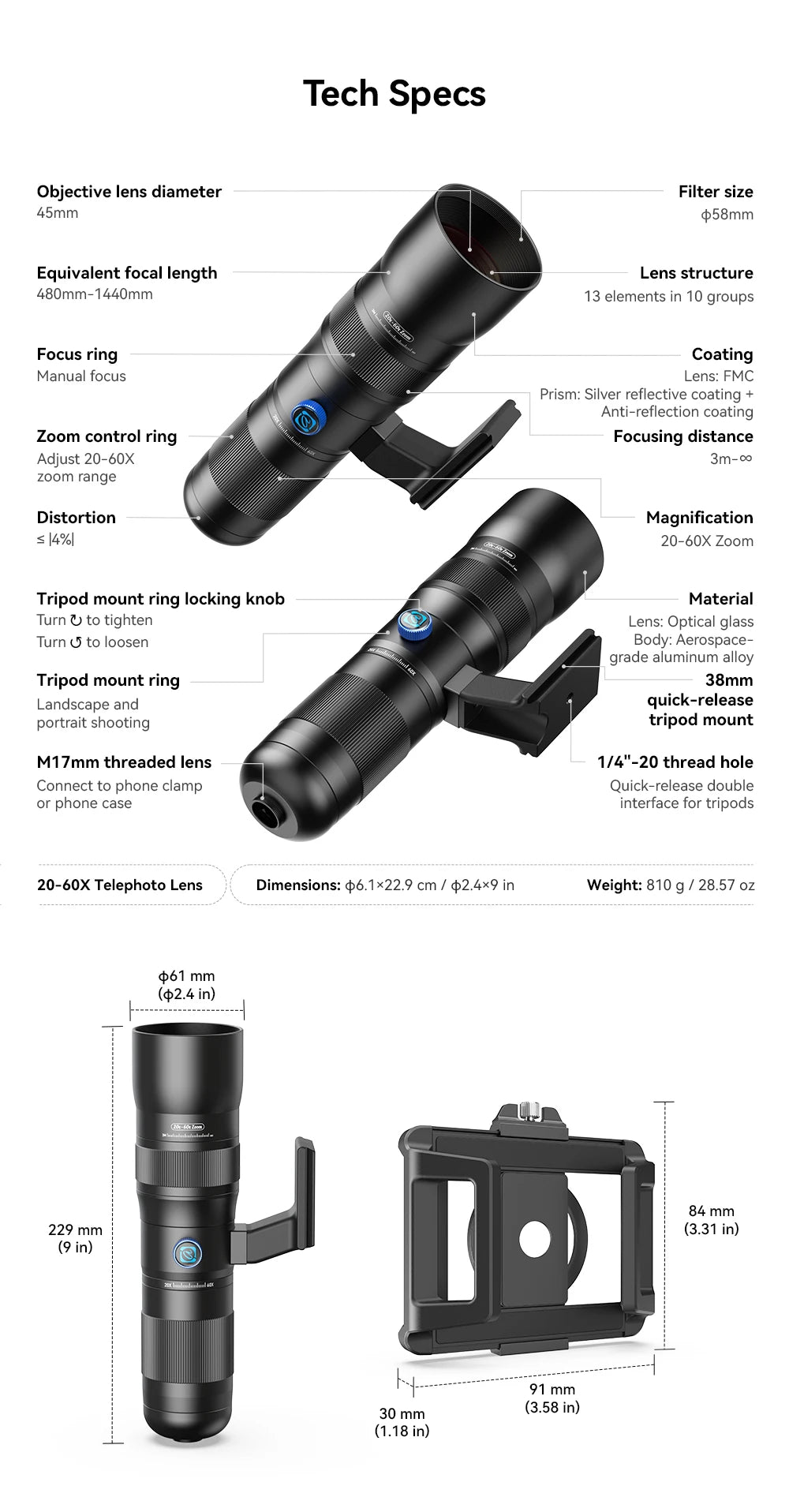 20-60x Telephoto Zoom Lens for Smartphones