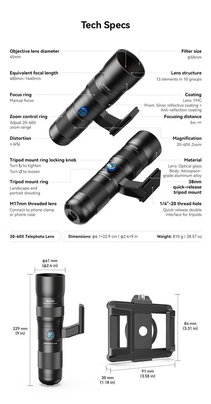 20-60x Telephoto Zoom Lens for Smartphones