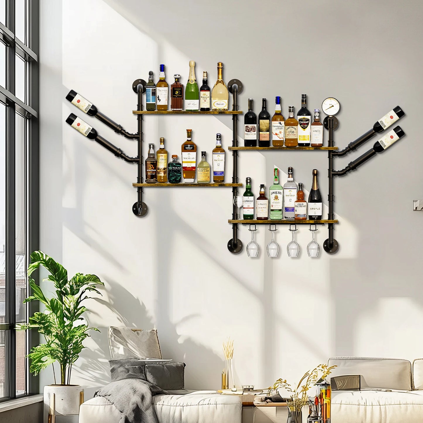 Pipe Bar Liquor Shelf with Wine Glass Holder