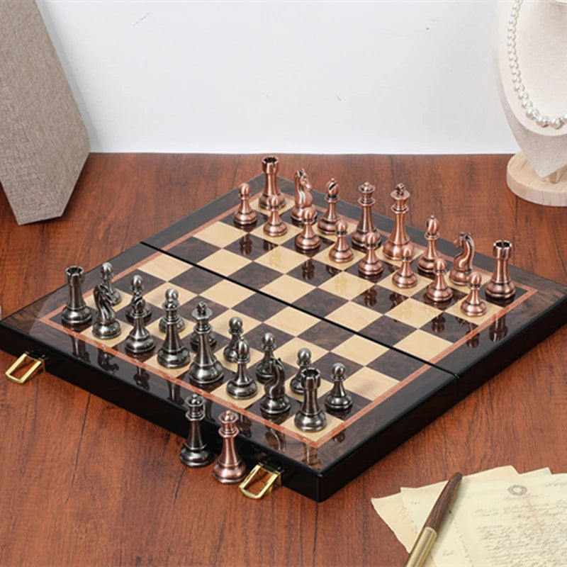 15-Inch Luxury Metal Chess Set with Folding Board