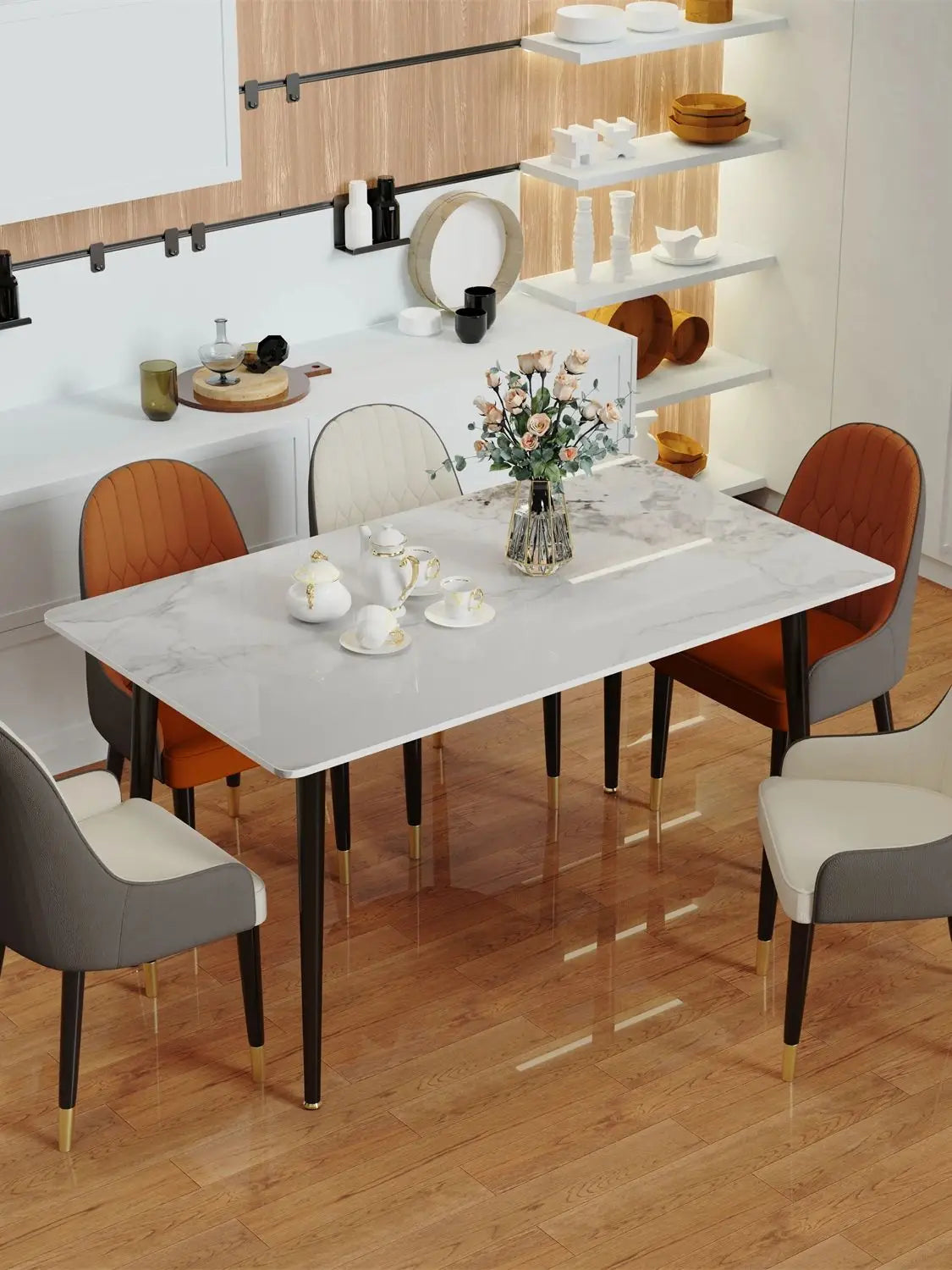Glossy White Marble Dining Table 4–6 Seat with Metal Frame