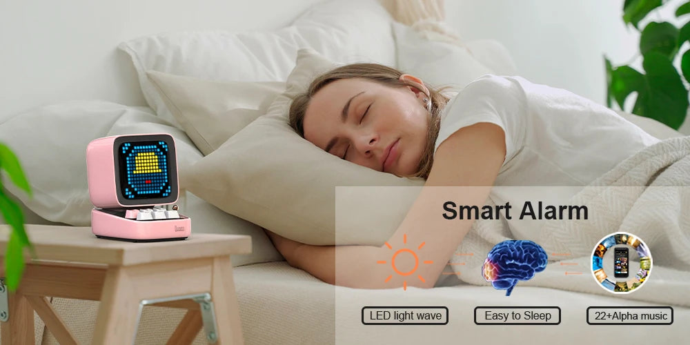 White Mini Retro Speaker with LED Pixel Art and Clock Function