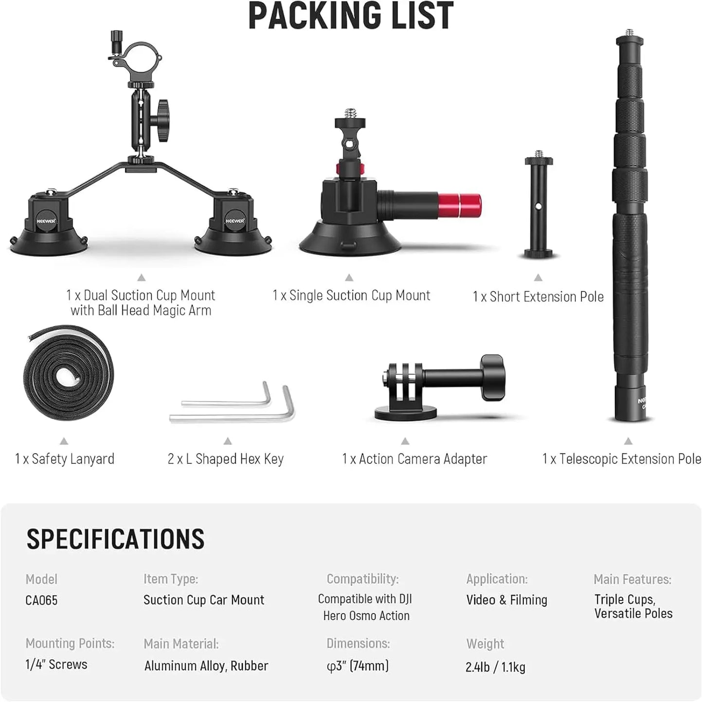 Portable Suction Cup Car Mount and Extension Pole for GoPro