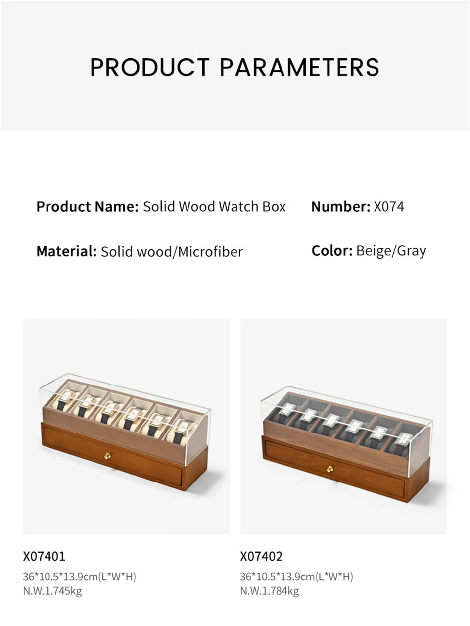 6-Slot Wooden Watch Box with Transparent Dustproof Cover