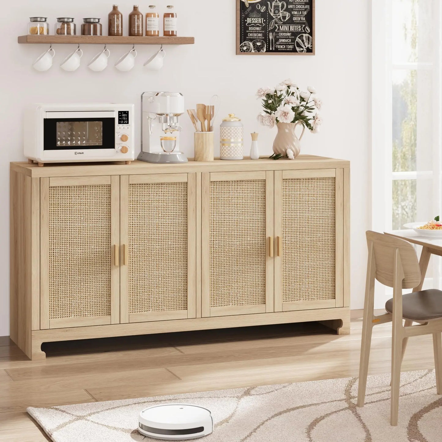 Rattan 4 Door Storage Cabinet Wooden Sideboard Console