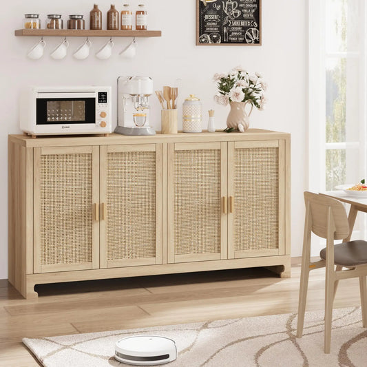 Rattan 4 Door Storage Cabinet Wooden Sideboard Console