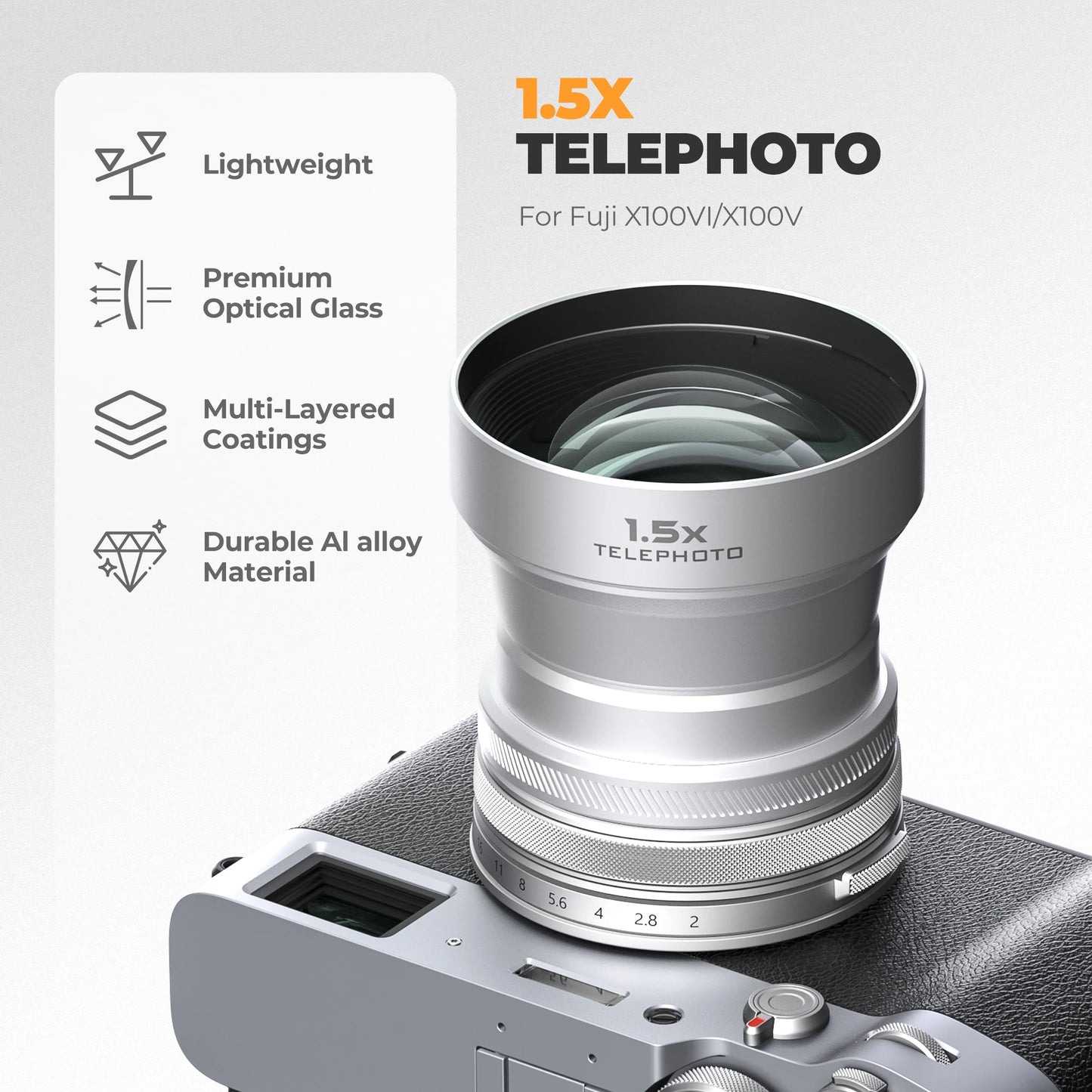 1.5X Telephoto Camera Lens Fujifilm X100 Series Silver