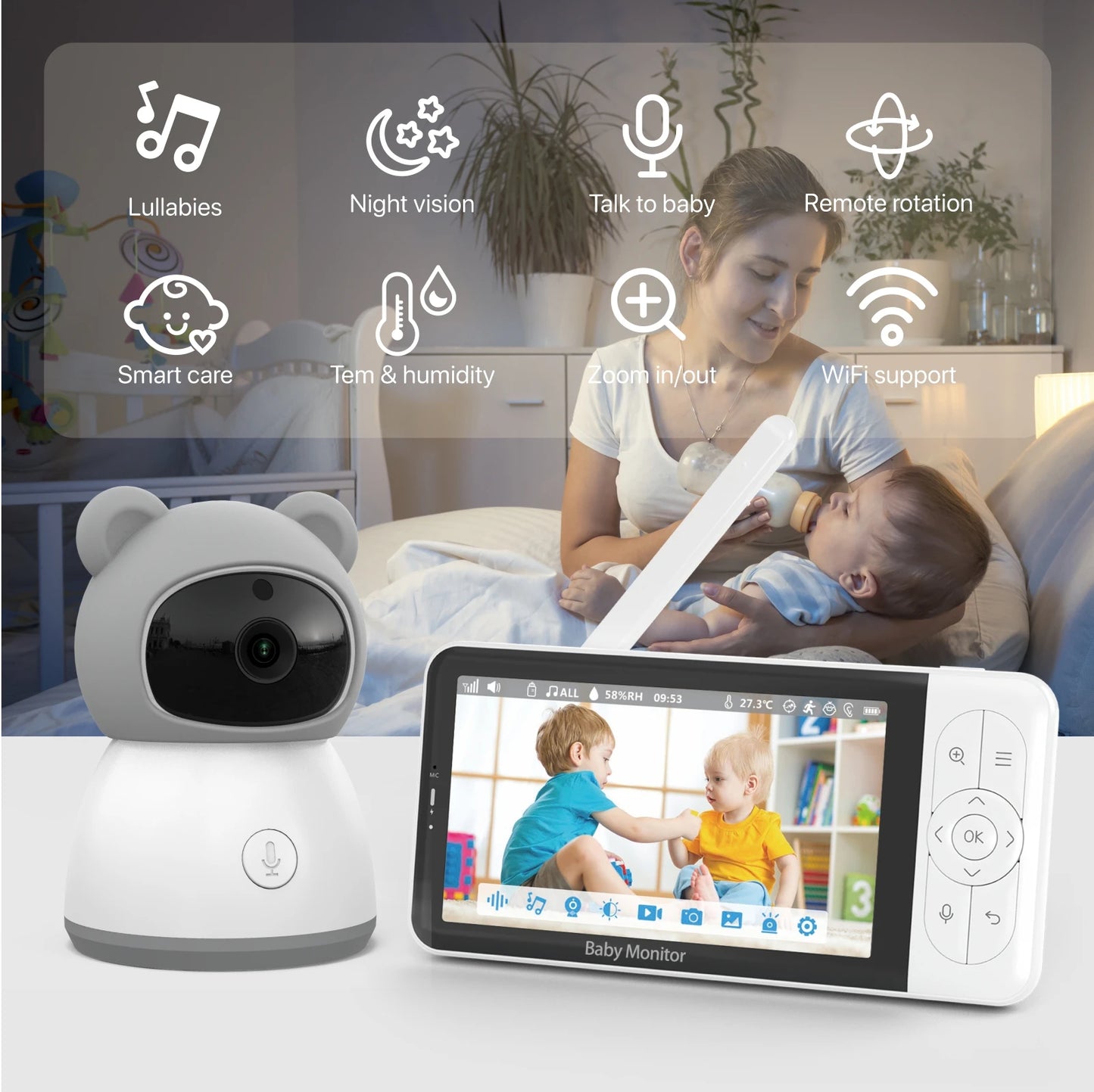 Smart Baby Monitor 2K Camera 5 Inch Display 2-Way Audio