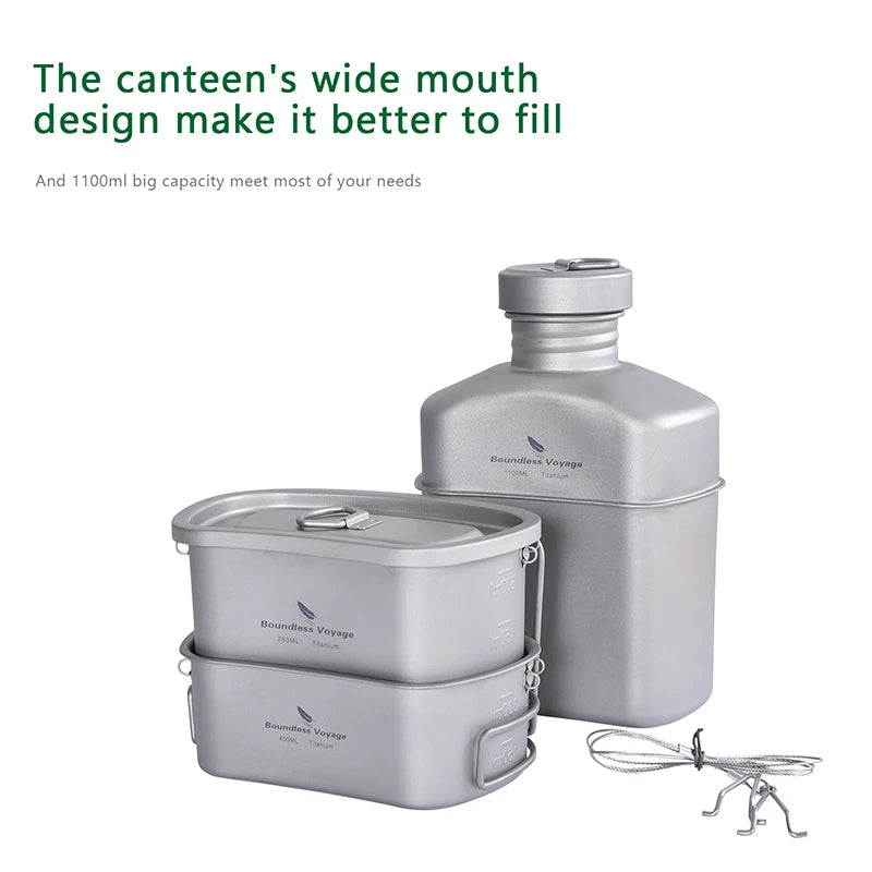 Titanium Camping Cookware Set 1100ml Bottle 750ml Pot 400ml Bowl