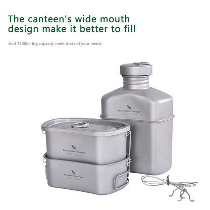 Titanium Camping Cookware Set 1100ml Bottle 750ml Pot 400ml Bowl
