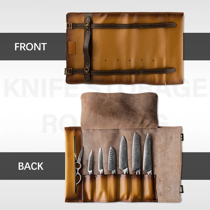 Portable Leather Chef Knife Roll Storage Bag