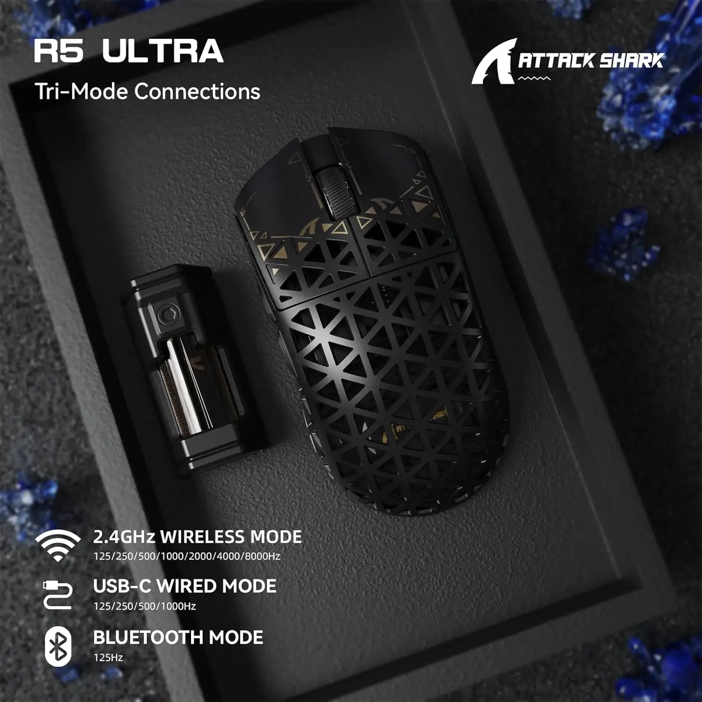 White TriMode Gaming Mouse Carbon Fiber Sensor 8000Hz