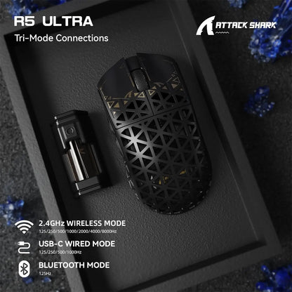White TriMode Gaming Mouse Carbon Fiber Sensor 8000Hz
