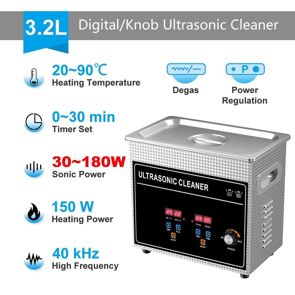 Ultrasonic Cleaner 3.2L 180W with Adjustable Power and Heating