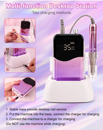 Rechargeable Nail Drill with Desktop Base 35K RPM Blue