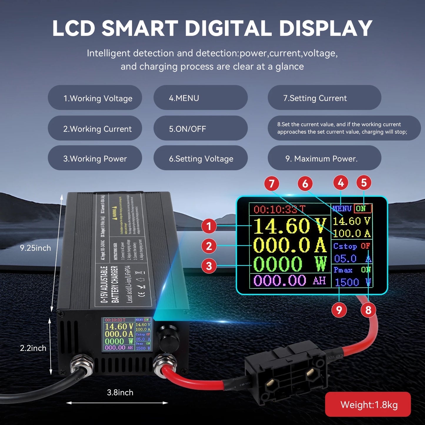 12V LiFePO4 100A Smart Battery Charger Adjustable Display