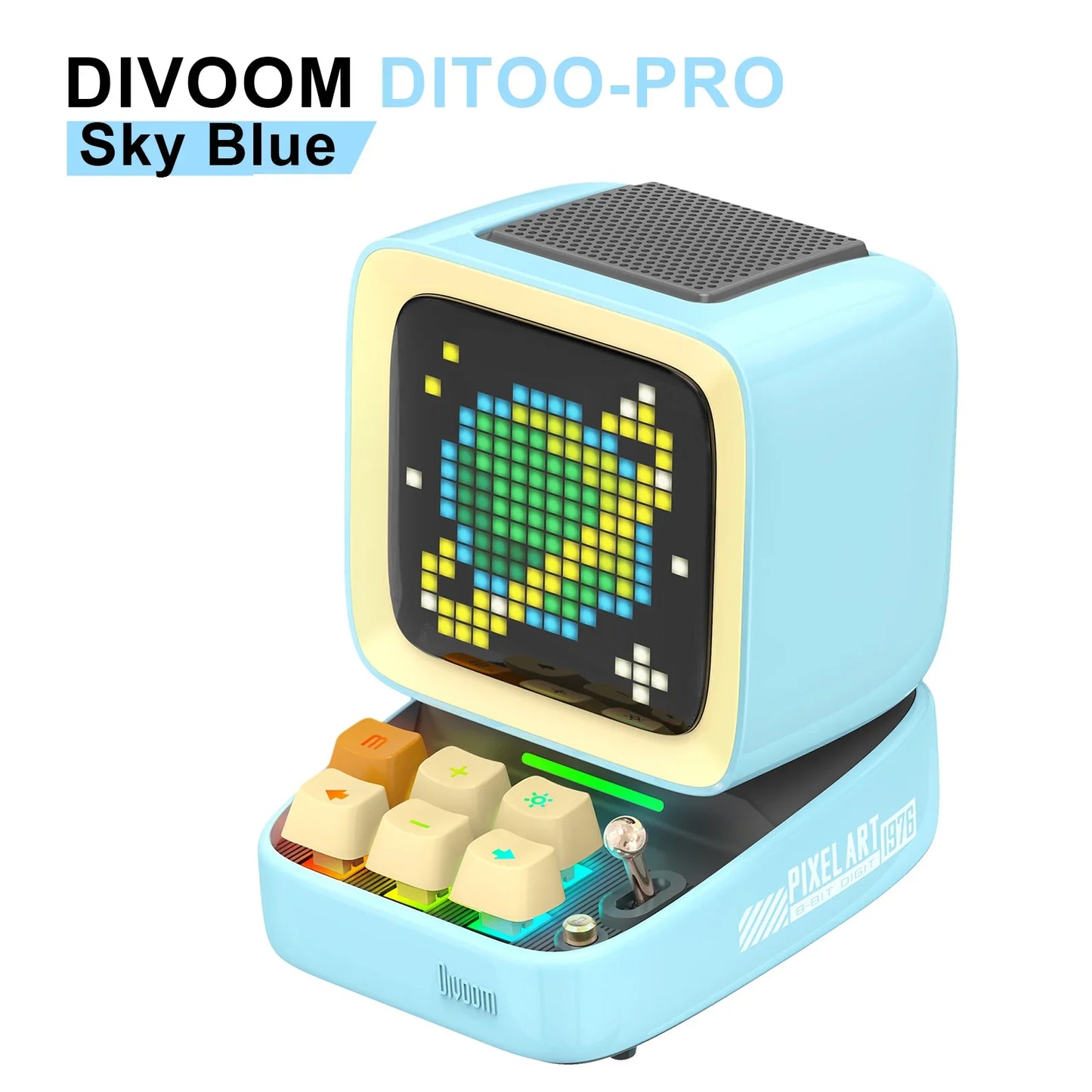 Portable Blue Bluetooth Speaker with Pixel Display and Alarm Clock