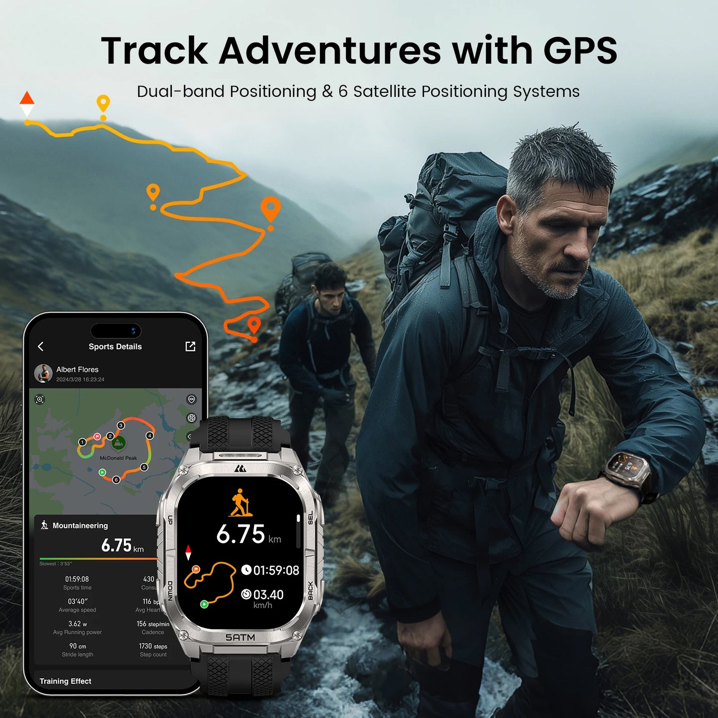 Rugged Smartwatch Black GPS Flashlight 50M Waterproof