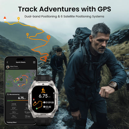 Silver Military Smartwatch GPS Health Tracker Flashlight