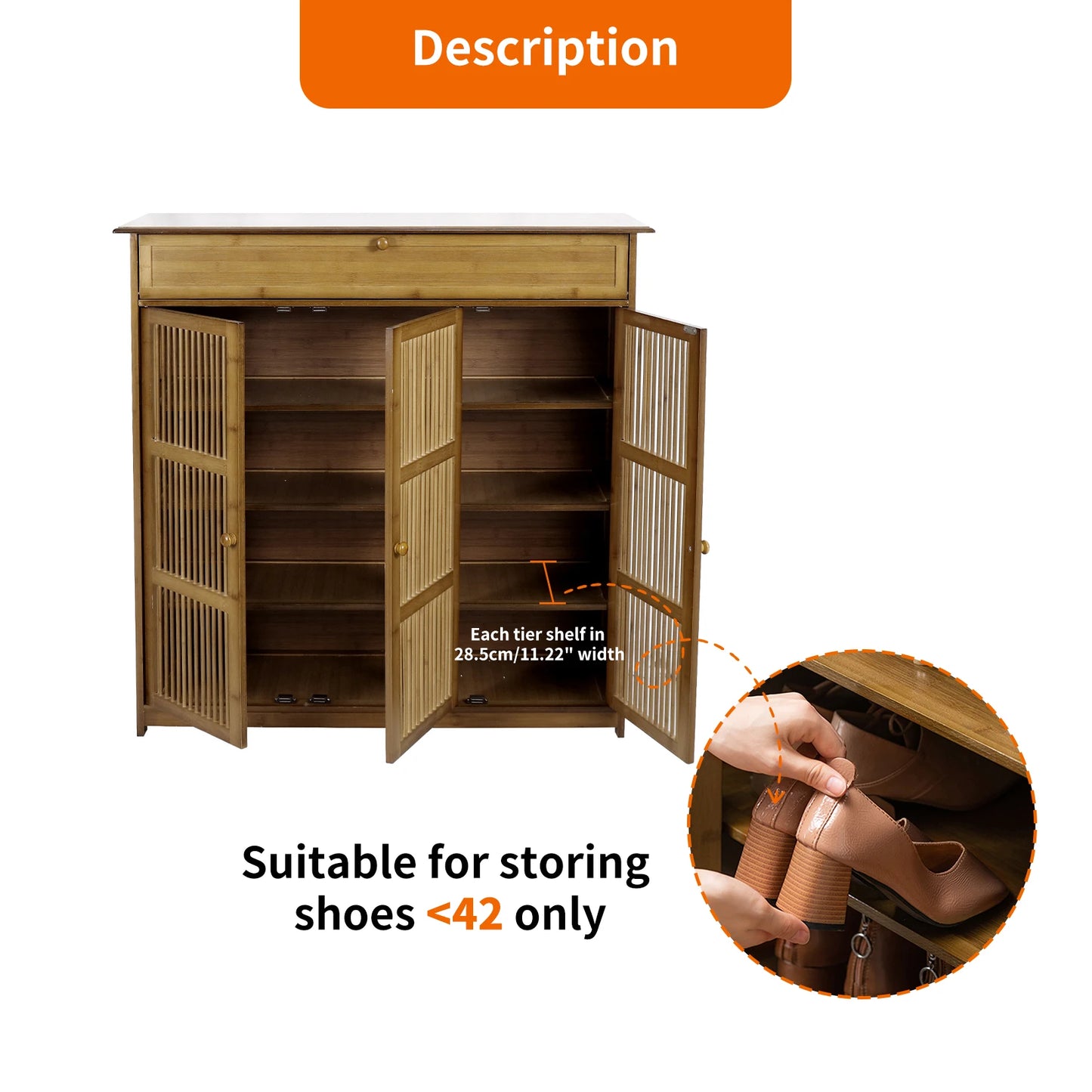 Slim Bamboo Shoe Rack Cabinet with Three Hollow Doors