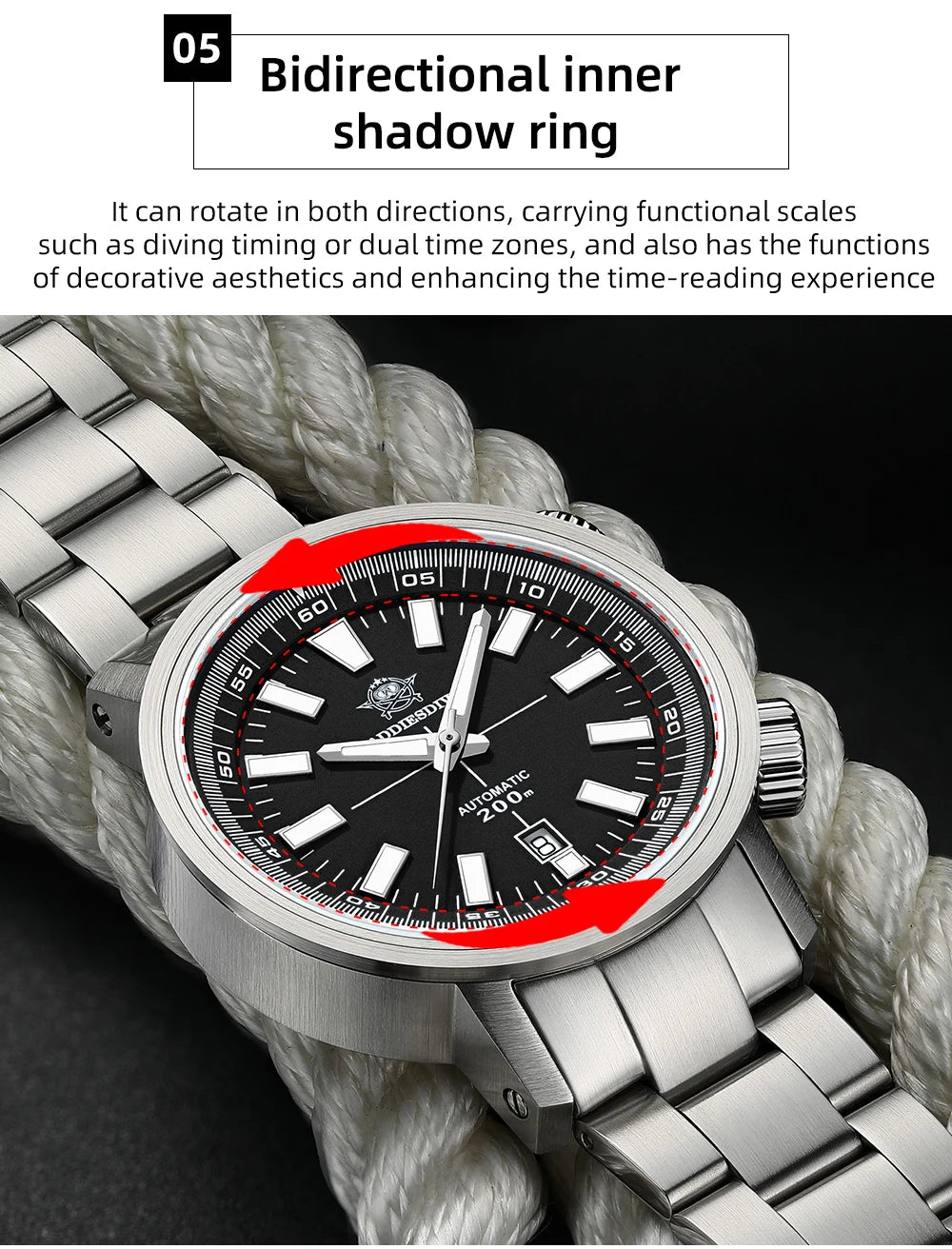 42mm Sapphire Automatic Watch 20Bar Waterproof Black White