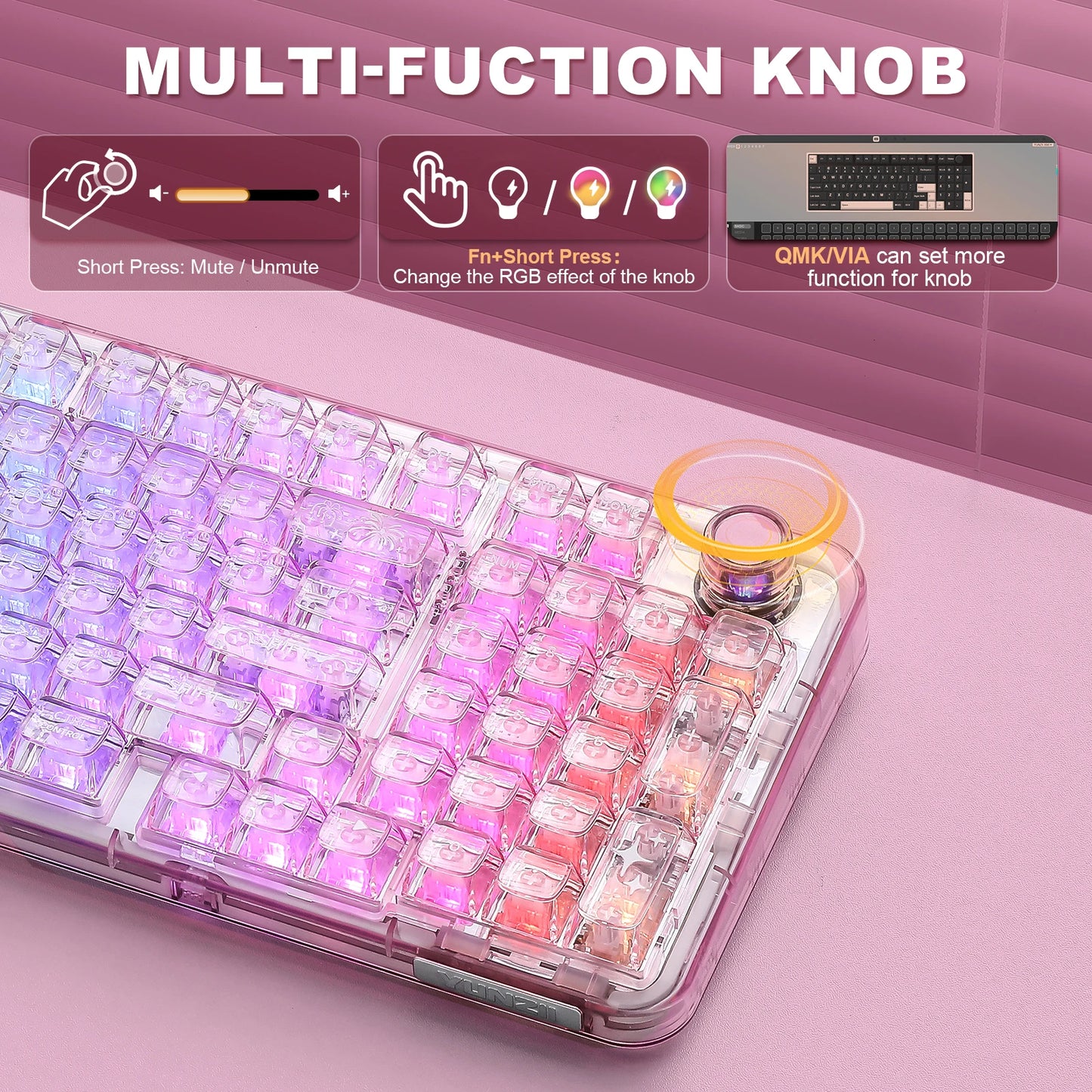 Pink Transparent Gaming Keyboard with RGB and Control Knob