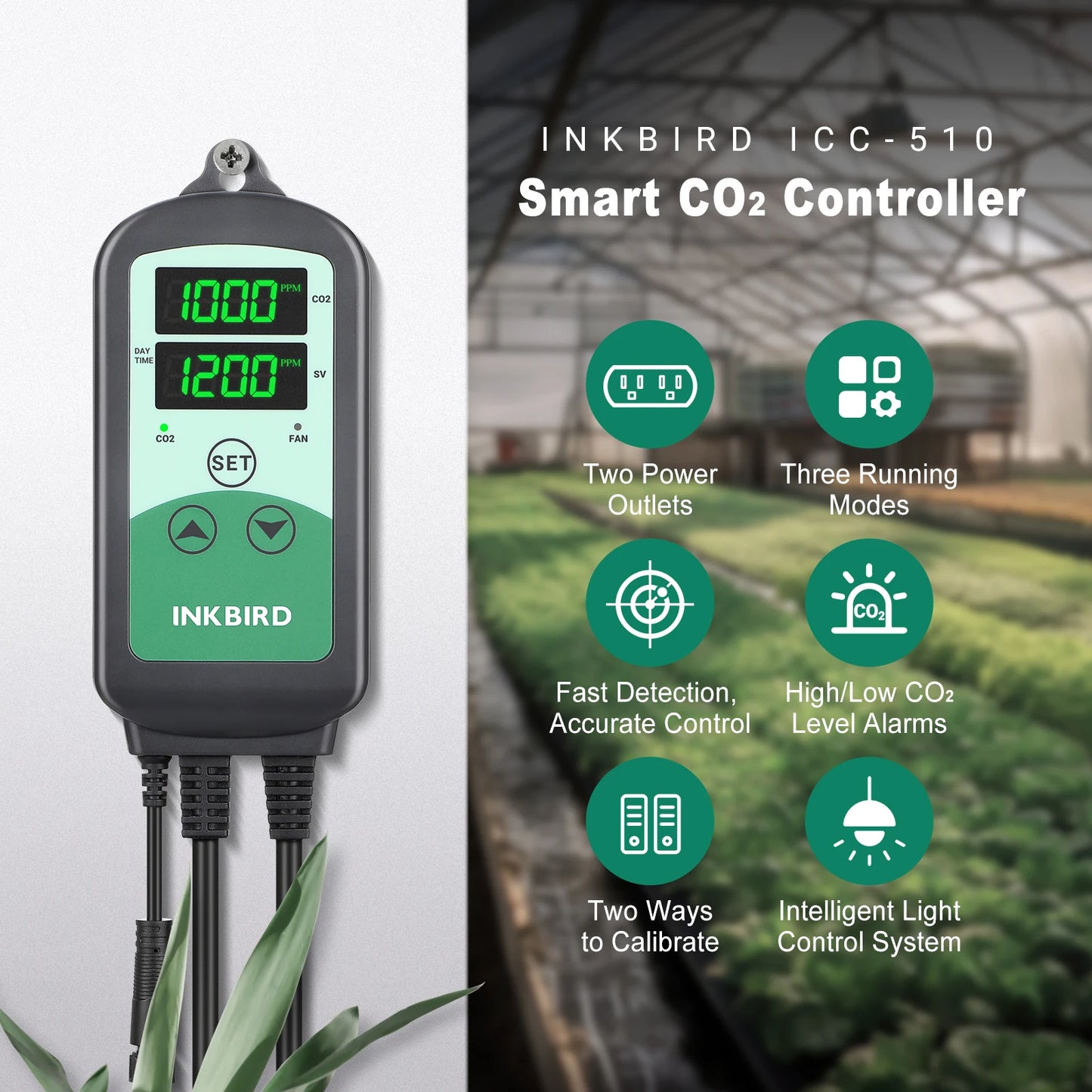 Indoor Greenhouse CO2 Controller Monitor with Dual Power Sockets