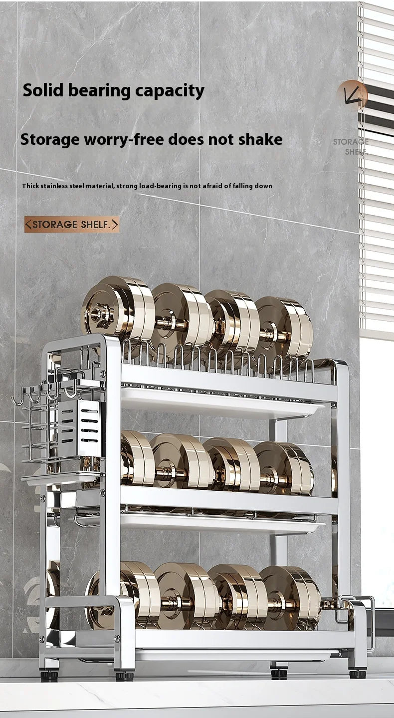 2 Tier Metal Dish Drying Rack with Utensil Holder 33cm
