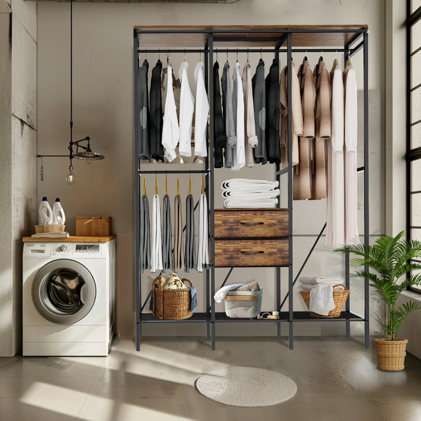 XXL Industrial Open Wardrobe Rack with Drawers & Shelves