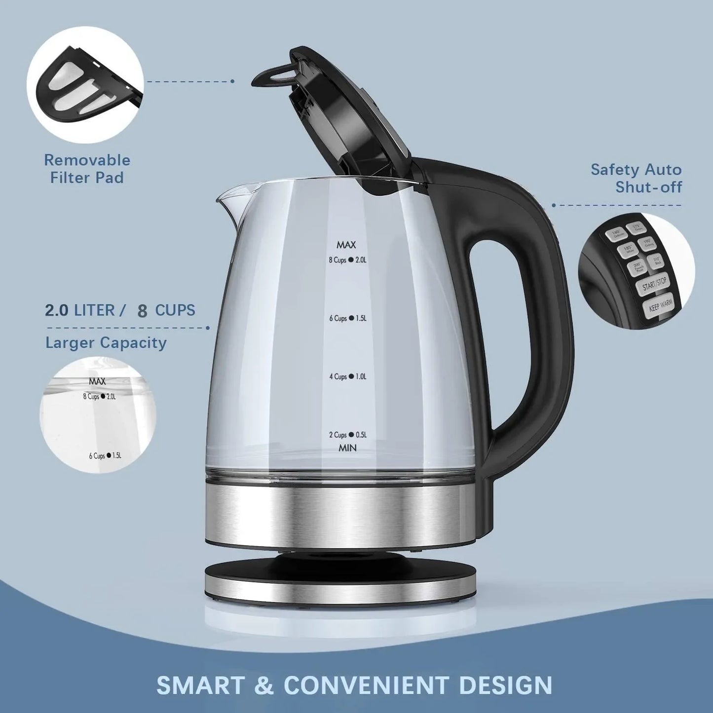2.0L Electric Glass Kettle Matte White with Temp Control