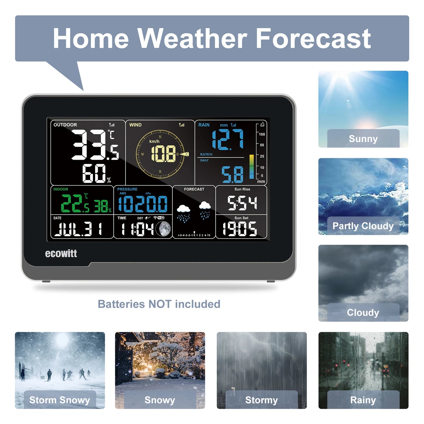 Wireless Weather Station with 7.5 Inch Display and Rain Gauge