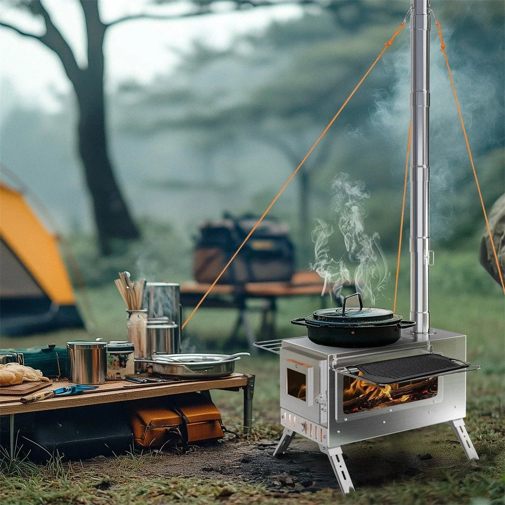 Portable Wood Burning Tent Stove with 6 Chimney Pipes