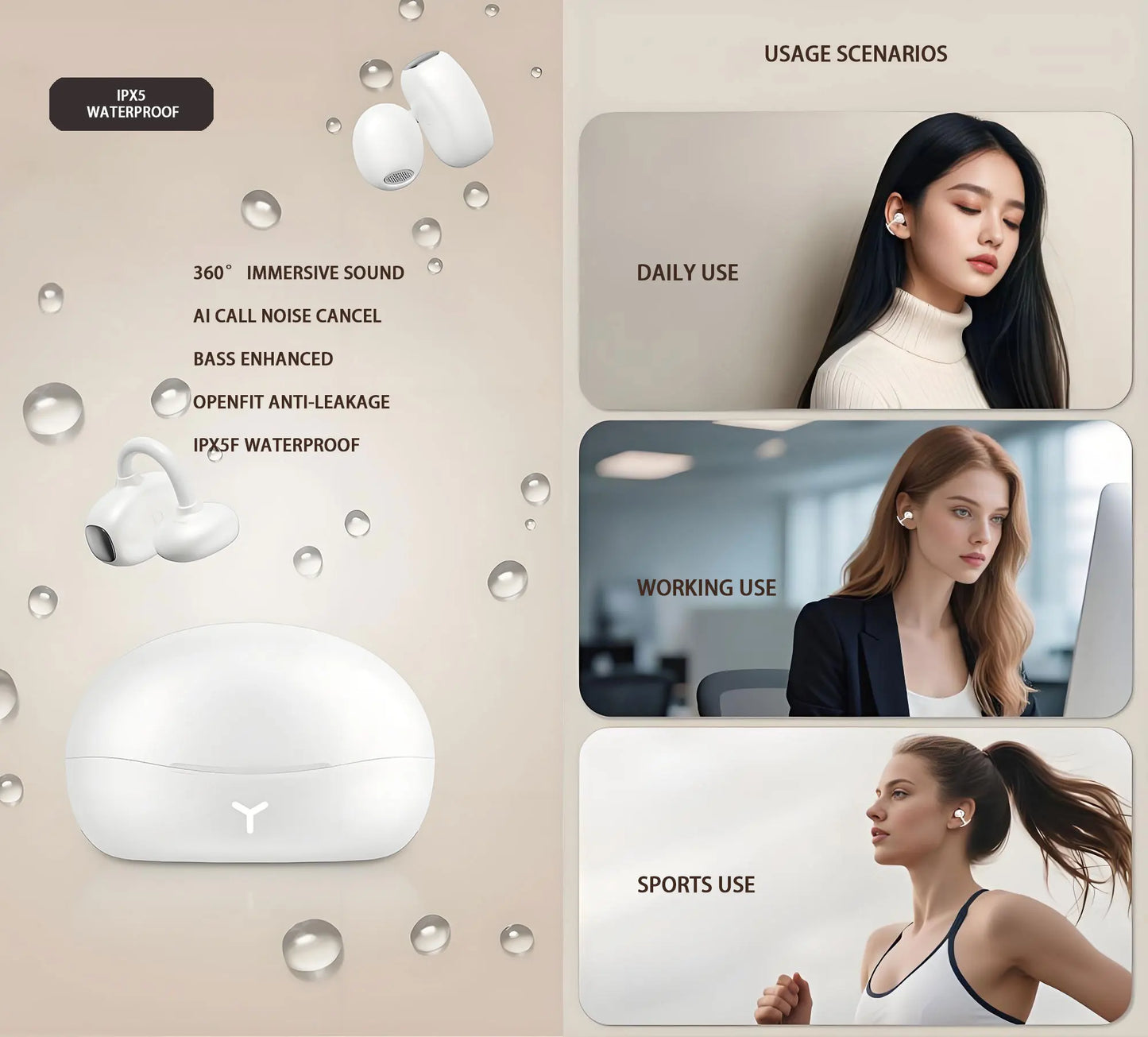 Wireless Bluetooth Clip On Earbuds Sports Gaming White