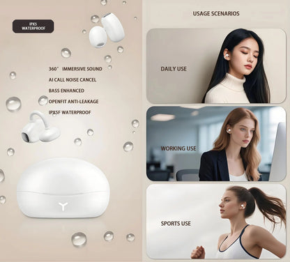 Wireless Bluetooth Clip On Earbuds Sports Gaming White