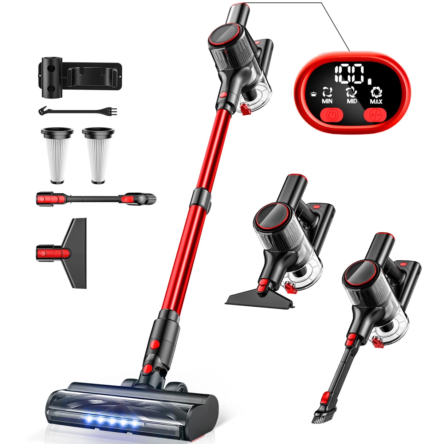 Cordless Vacuum 55Kpa 45Min Lightweight 8in1 Red