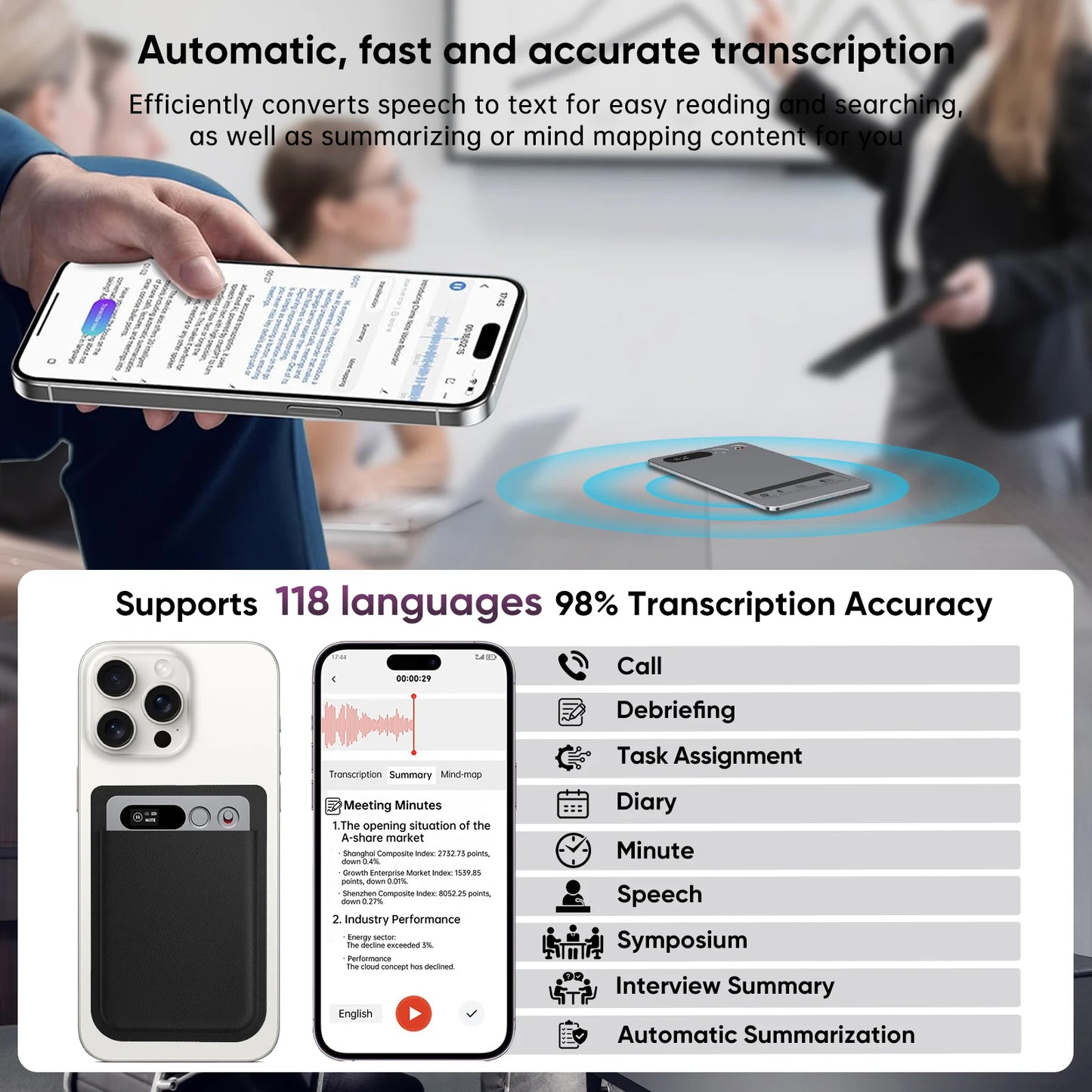 AI Voice Recorder 118 Languages Speech-to-Text Meeting Device